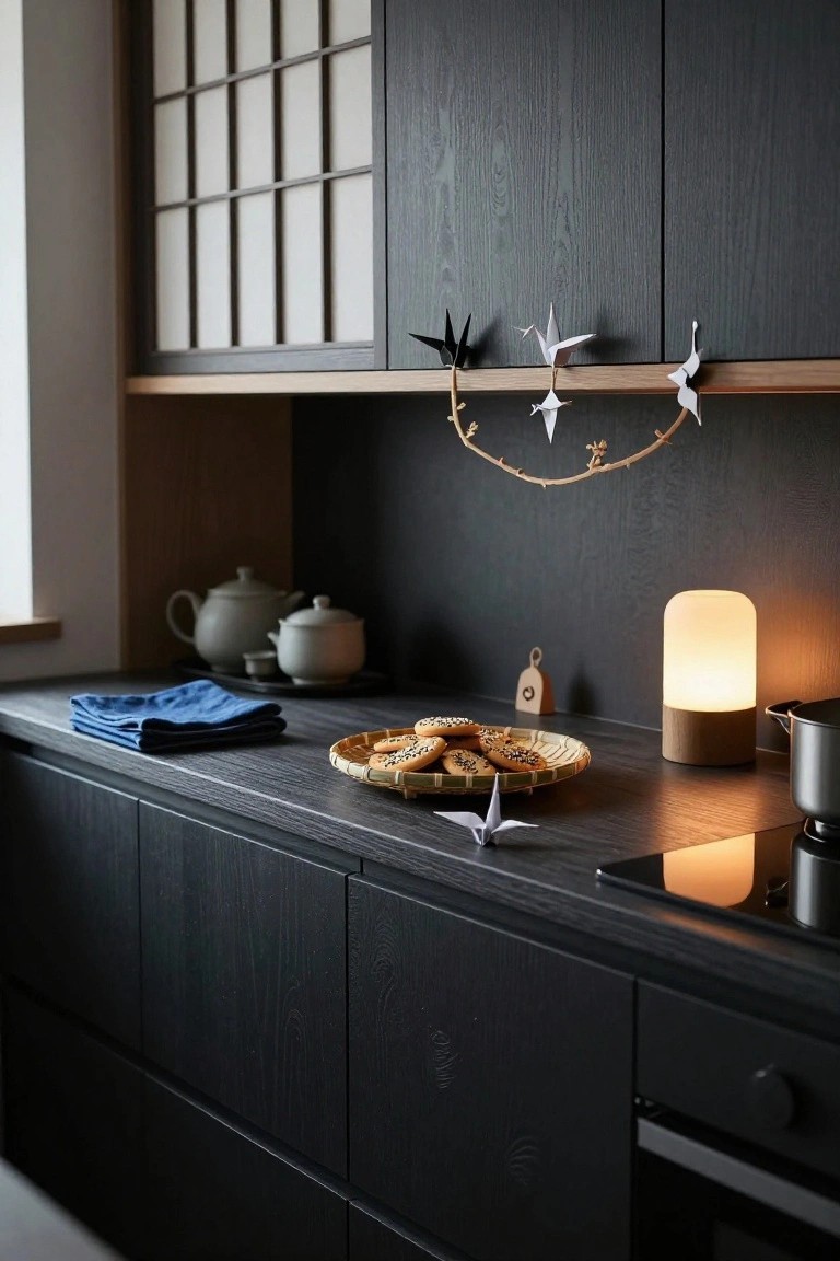 Modern kitchen with black wood cabinets, shoji screen window, garland of white origami cranes on wooden shelf, blue folded napkins, white teapot and cups, bamboo plate of round cookies, opal glass lamp on wood base, and stainless steel pot on induction cooktop.
