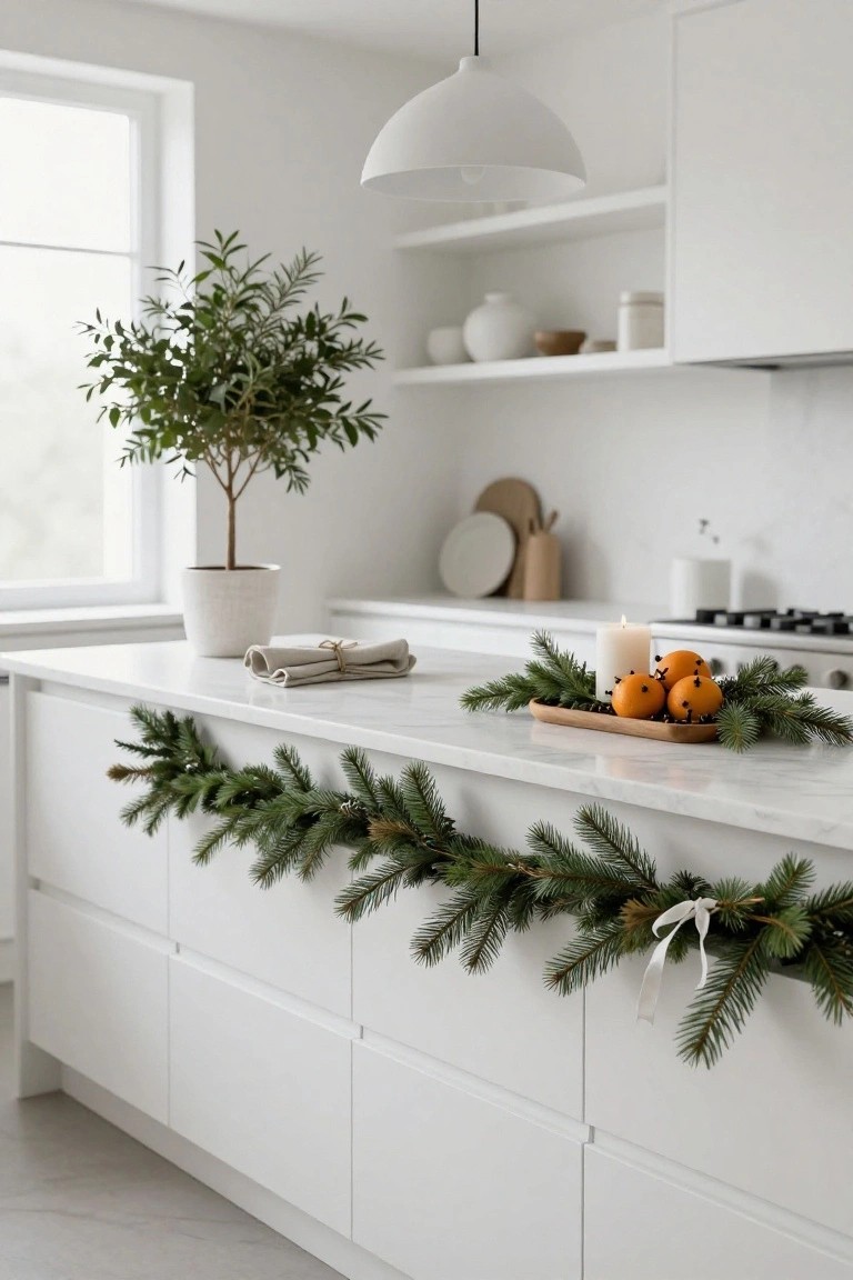 White modern kitchen island countertop with wooden tray holding oranges, cloves, and lit candle, fresh green fir garland draped along the front edge of the island base, potted green plant on counter.