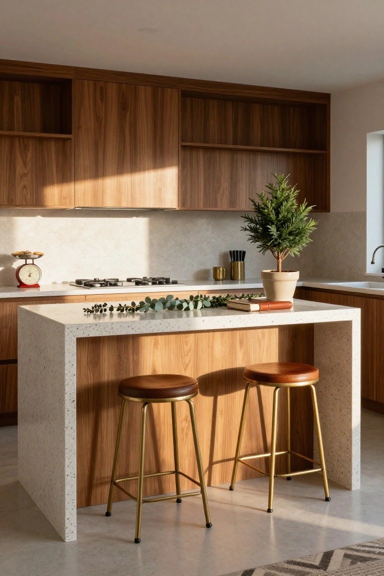 Modern kitchen with warm wood cabinets, white terrazzo island, wooden island base, two brown leather stools on gold frames, small potted fir tree in terracotta pot, eucalyptus branches, open book, red scale with pastries, and gas stove against tiled backsplash.
