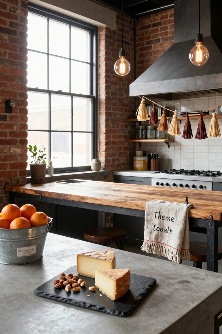 Industrial kitchen with exposed brick walls, wooden workbench island holding oranges in a galvanized bucket and a slate board with cheese and almonds, colorful tassel garlands hanging from wall shelves above white subway tile counters and a gas range.