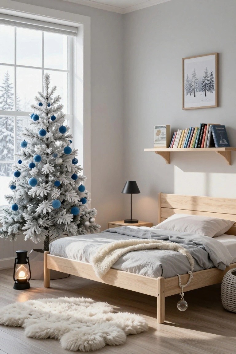 Bedroom with flocked white Christmas tree decorated in blue pompom and silver ornaments next to a wooden bed, gray walls, bookshelves, lamp, rug, and window showing snowy trees outside.