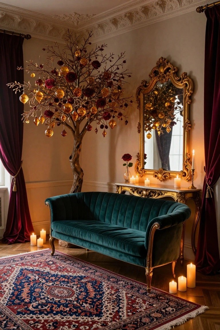 Interior room corner featuring a tall twisted branch Christmas tree decorated with gold glass ornaments and red roses, emerald green velvet sofa, ornate gold mirror reflecting the tree, candles on a console table and floor, burgundy curtains, and patterned rug.