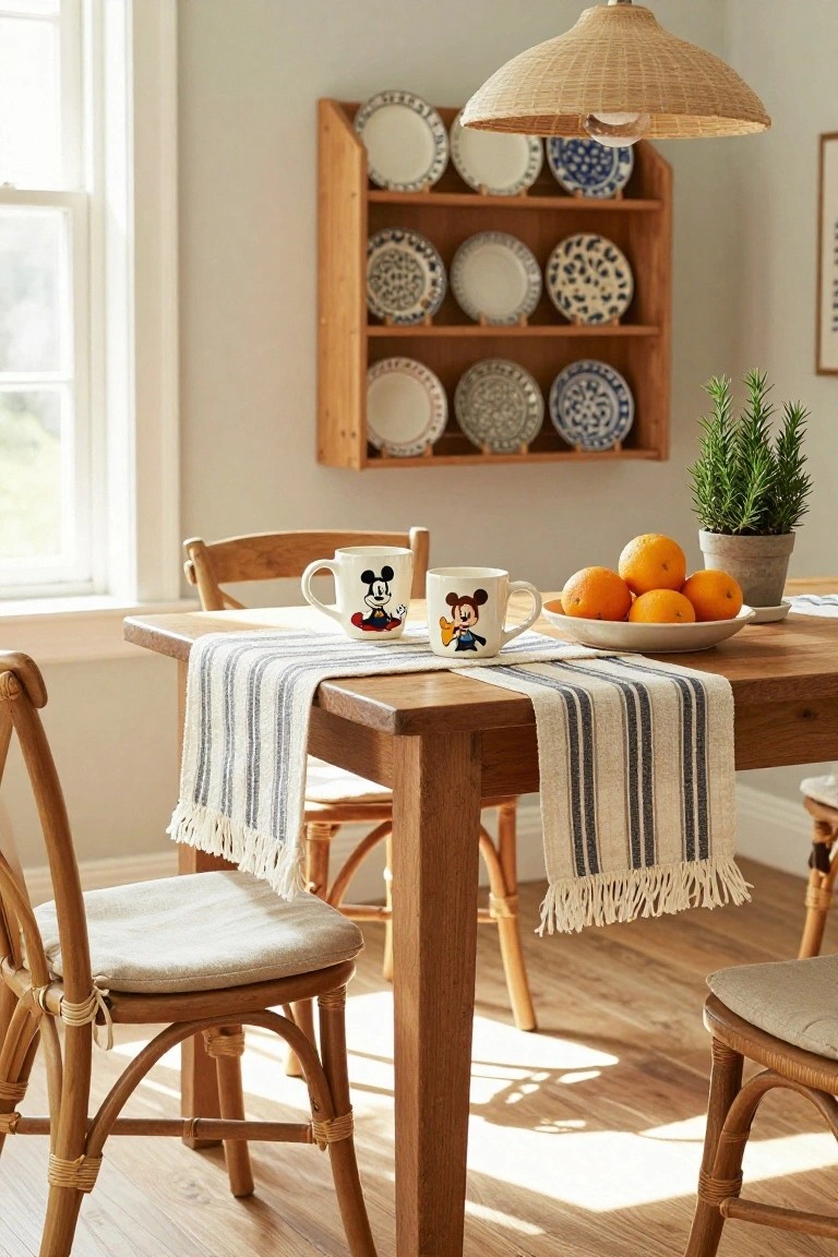 Wooden dining table with blue and white striped runner, two white mugs featuring Mickey Mouse, bowl of oranges, rattan chairs, wooden plate rack on wall with blue and white dishes, rosemary plant, and rattan pendant light in a light room with window.