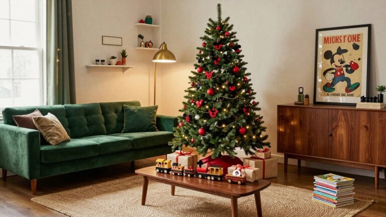 Living room with a lit Christmas tree decorated in red ornaments and white lights next to green velvet sofas, a wooden coffee table holding a toy train and books, bookshelves, and wall art including a Mickey Mouse poster.