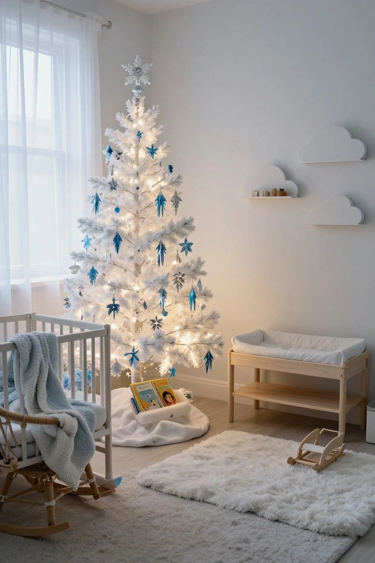 Nursery room with a lit white flocked Christmas tree decorated in blue snowflake and angel ornaments, white crib with blue blanket, changing table, rocking chair, and fluffy white rug.