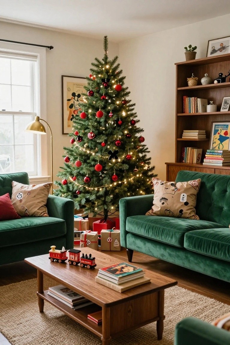 Living room with a lit Christmas tree decorated in red ornaments and white lights next to green velvet sofas, a wooden coffee table holding a toy train and books, bookshelves, and wall art including a Mickey Mouse poster.
