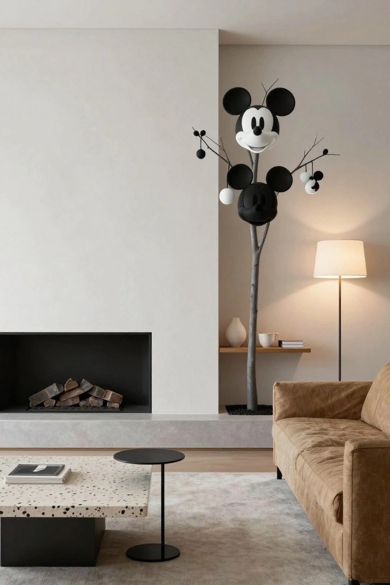Modern living room interior featuring a black sculptural Christmas tree with Mickey Mouse head and branches holding black and white orb ornaments, positioned beside a fireplace, tan leather sofa, side table, and floor lamp.