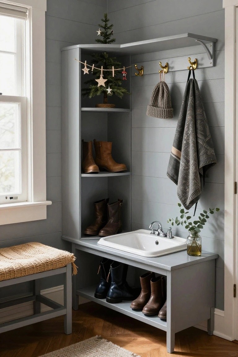 Gray wooden built-in cabinet in a corner mudroom with boot shelves, utility sink, bench seat, coat hooks holding hat scarf and towel, small Christmas tree on upper shelf, against shiplap wall near window.