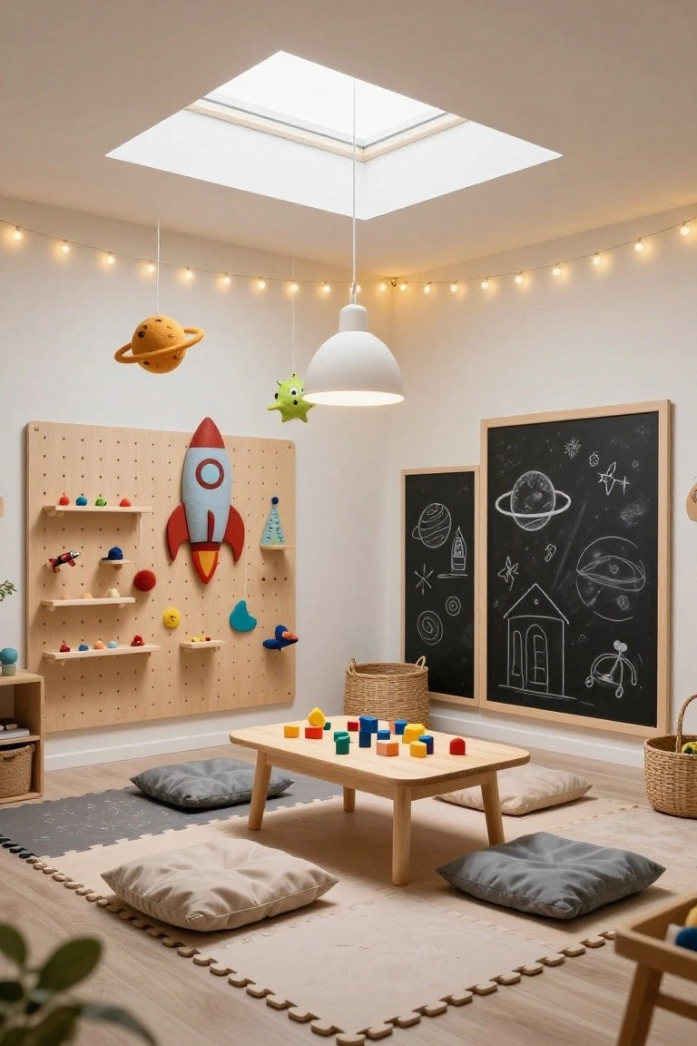 Cozy children's playroom with birch pegboard wall featuring red rocket ship, hanging planet toy, wooden shelves with toys, blackboards with chalk planet drawings, low wooden table with colorful blocks, floor cushions, pendant lamp, and skylight.
