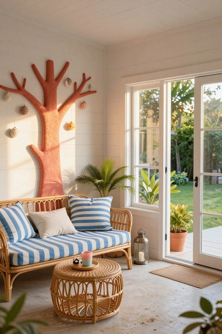 Sunroom interior featuring a large red terracotta tree sculpture mounted on a white shiplap wall with hanging shells and pinecones, a blue-striped rattan sofa, round rattan coffee table, potted plants, and white French doors opening to a green garden.