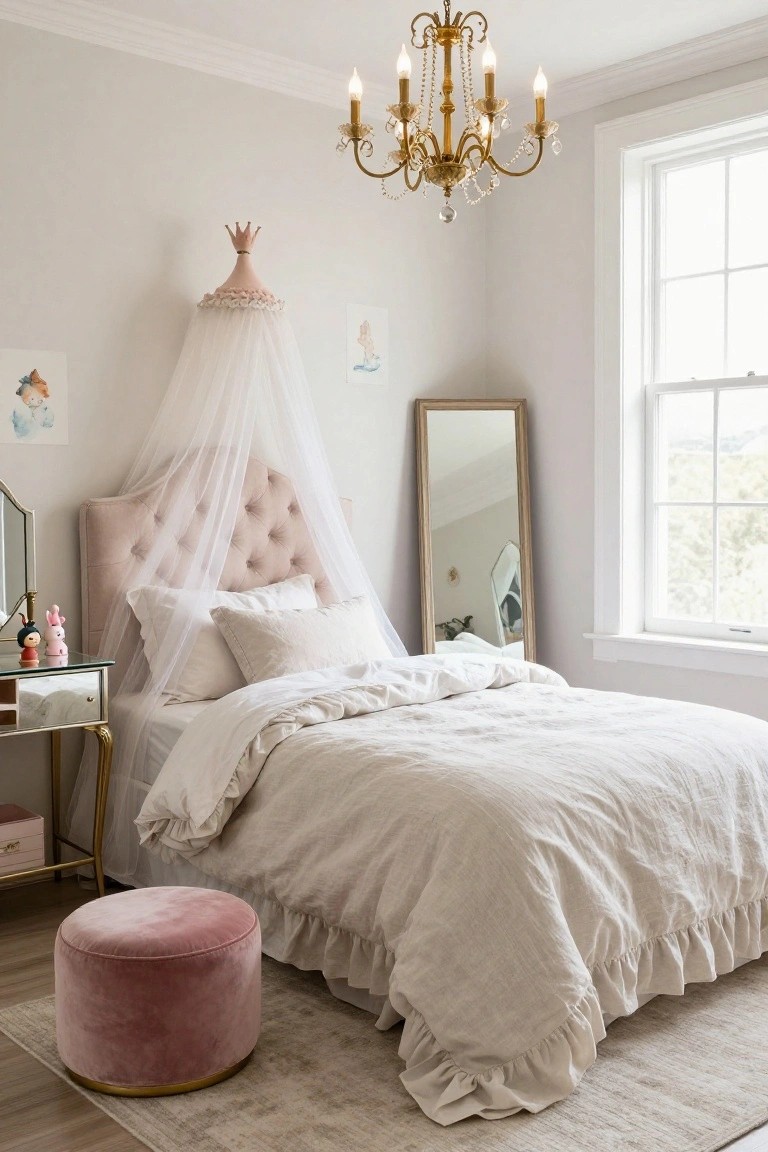 A girl's bedroom with a pink tufted upholstered bed topped by a sheer white canopy and pink crown, flanked by a vanity table with mirror, pink pouf stool, full-length mirror, chandelier, and artwork on pale walls.