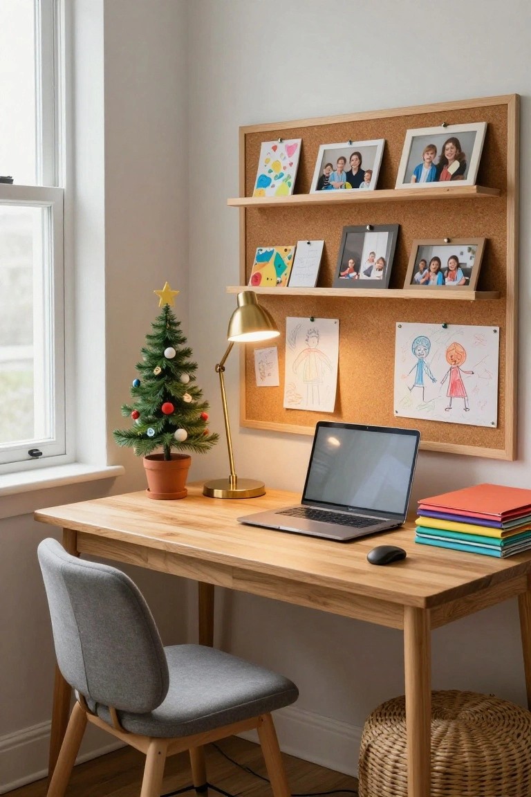Wooden desk with open MacBook laptop, mouse, stack of colorful notebooks, gray upholstered chair, small potted artificial Christmas tree with multicolored ornaments, gold desk lamp, and corkboard wall displaying family photos and children's drawings in a bright room.