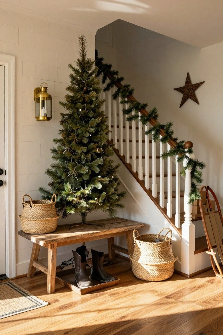 Small lit Christmas tree in corner of white shiplap entryway beside wooden stairs with green garland on white railing, rustic bench with black boots and two wicker baskets, wooden sled leaning on post, gold lantern on wall.