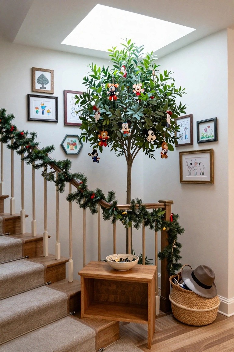 Staircase corner in a home with a tall artificial tree decorated with hanging plush Disney characters including Mickey Mouse, evergreen garlands on the railing, framed children's artwork on white walls, a wooden side table holding a bowl, and a wicker basket with a hat nearby.