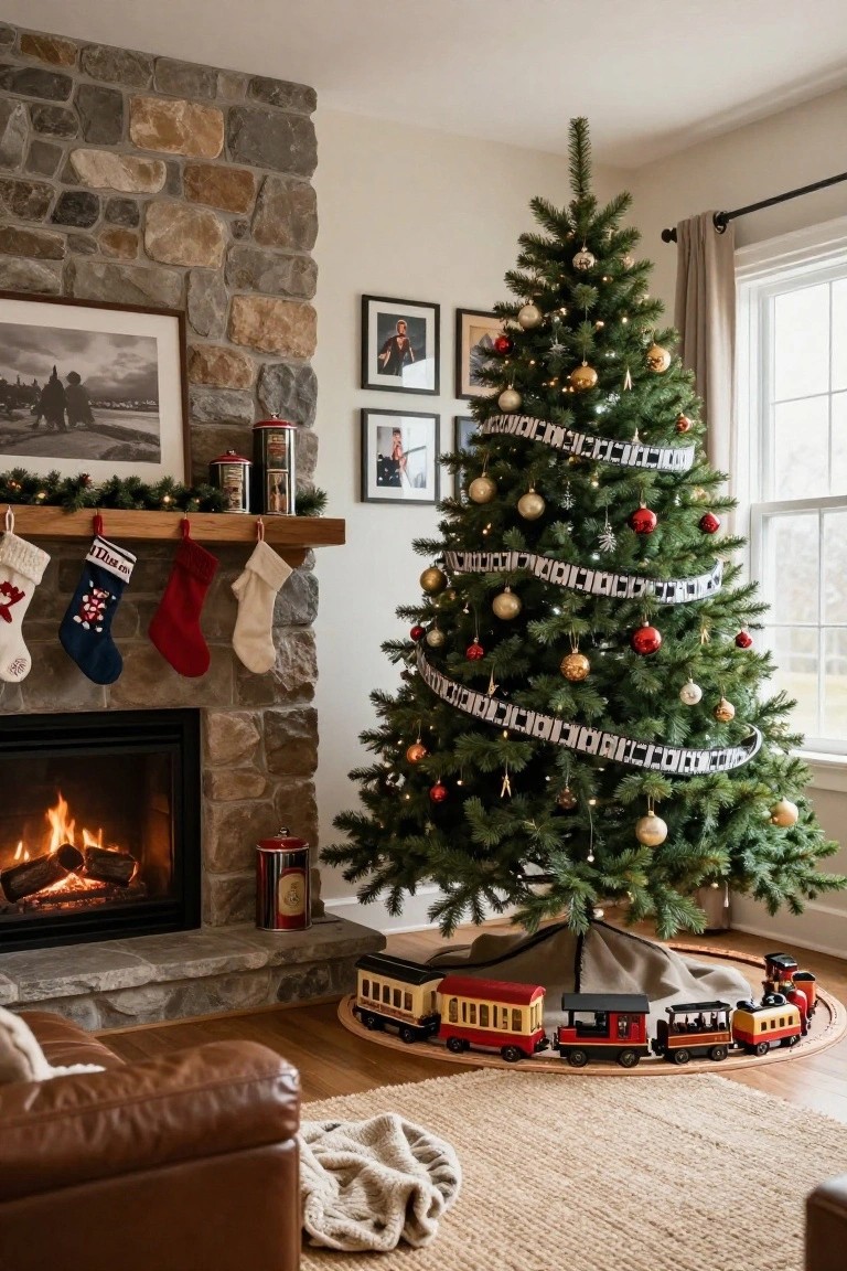 Cozy living room with stone fireplace, garland-draped mantel holding colorful stockings, lit Christmas tree wrapped in lights and ornaments with film strip garland, model train track circling the tree base, and framed photos on walls.