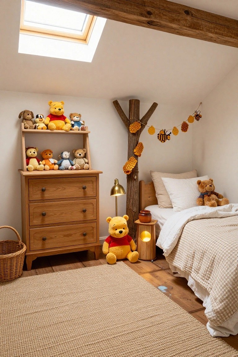Attic child's bedroom with skylight and exposed beams, wooden tree trunk wall feature decorated with honeycomb and bee garlands, Winnie the Pooh stuffed animals on shelves and floor, wooden dresser, and quilted bed.