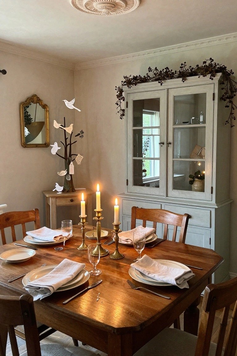 Dining room with wooden table set for four with white linens, plates, glasses, and brass candlesticks lit with candles, beside a side table holding a branch decorated with white paper birds and tags, next to a white glass-door hutch topped with berry garland.