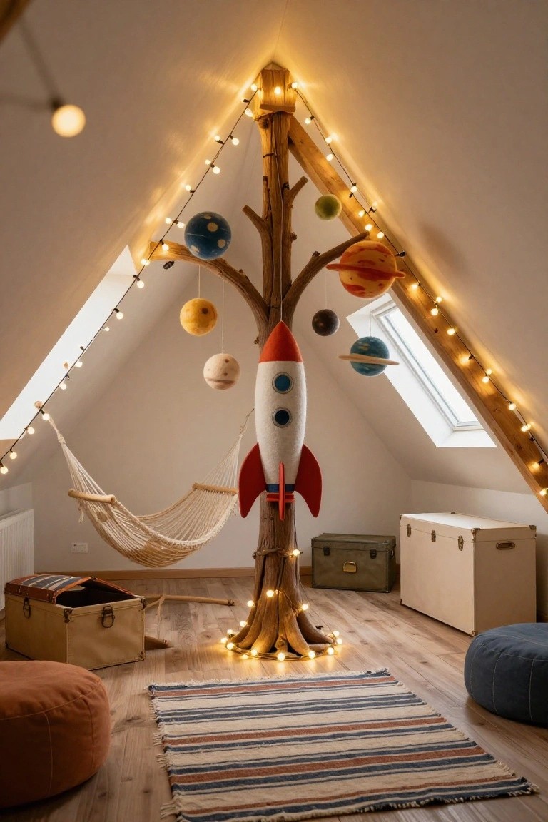 Attic kids' room with sloped white ceilings, central wooden tree sculpture holding colorful hanging planets and fabric rocket ship, fairy lights, hammock, poufs, rug, and wooden trunks on hardwood floor.