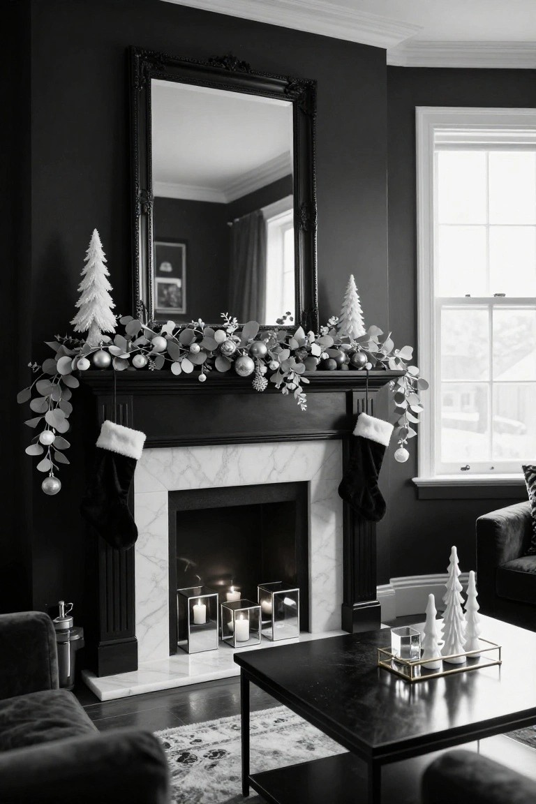 Black and White Christmas Mantel