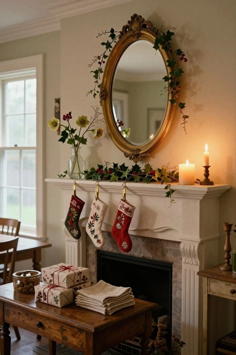 Gold-framed oval mirror draped with ivy above a white fireplace mantel holding holly garland, candles, and hooks for red and cream Christmas stockings, with wrapped gifts on a wooden table in front.