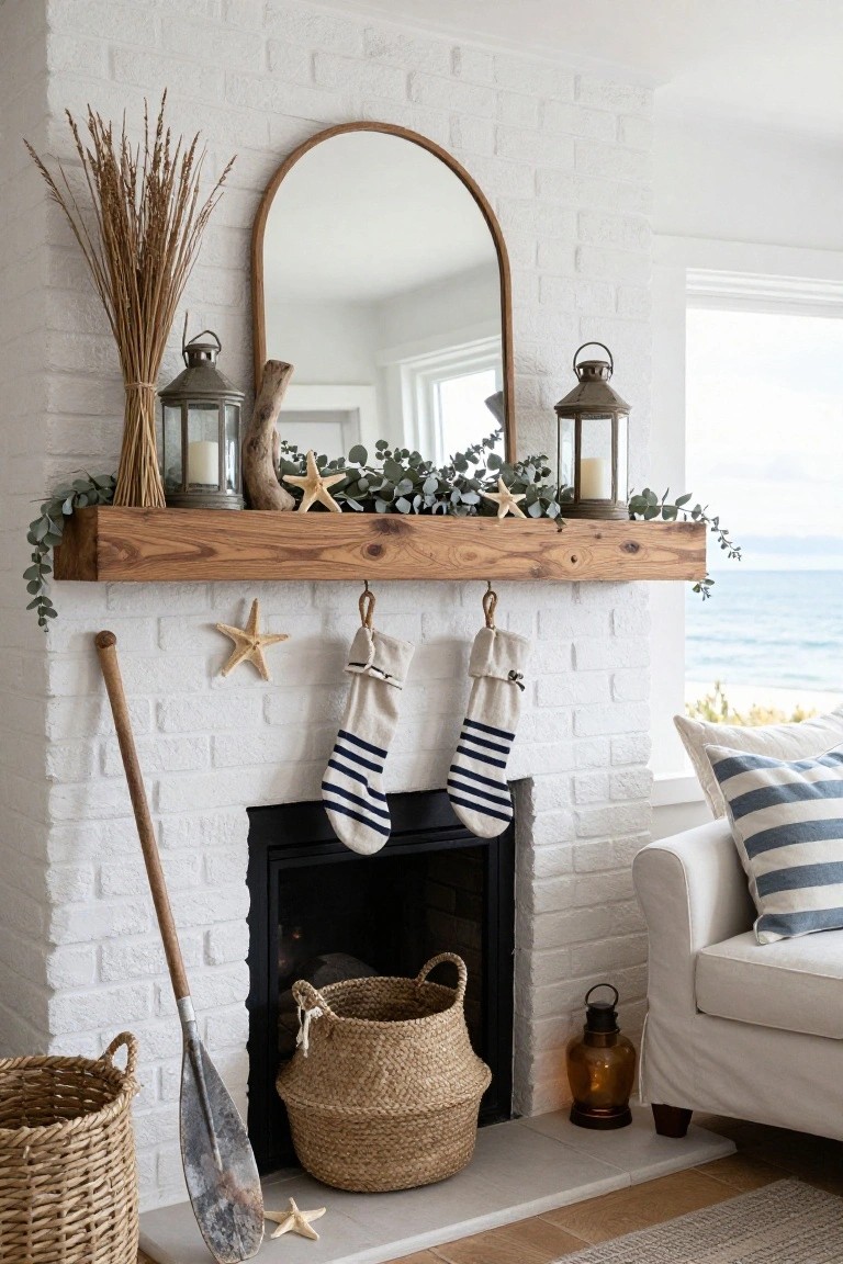 White brick fireplace mantel made of reclaimed wood shelf decorated with eucalyptus garland, starfish, driftwood, pampas grass, and metal lanterns, with nautical stockings hanging below, a white sofa nearby, and ocean view through the window.