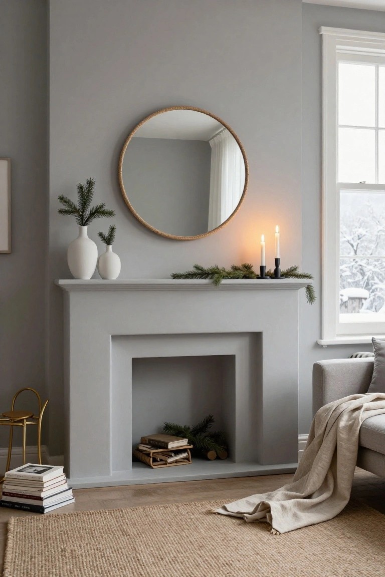 Gray interior room featuring a white mantel fireplace with two white vases holding fir branches, black candleholders with lit candles, garland on the shelf, stacked logs and books inside the hearth, gold mirror above, gold stool, sofa, and snowy window view.