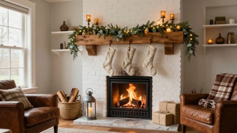 White brick fireplace mantel with wooden beam holding eucalyptus and fir garland strung with fairy lights, four neutral knit stockings hanging from leather ties, candles on the mantel, lantern and firewood on the hearth, armchair and wrapped gifts nearby.