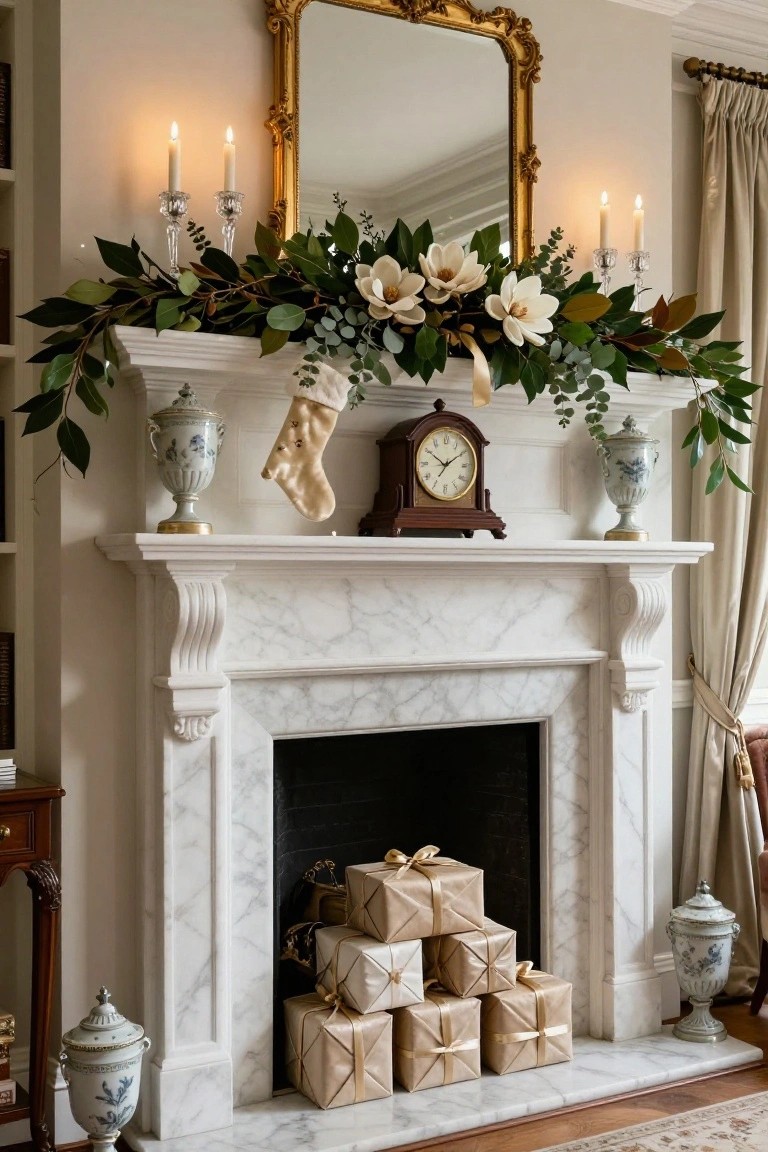 White marble fireplace mantel with gold-framed mirror above, decorated by greenery garland of eucalyptus and magnolia leaves with white flowers, lit candles, wooden clock, cream stocking, blue-and-white urns flanking sides, and stacked metallic gift boxes in hearth.
