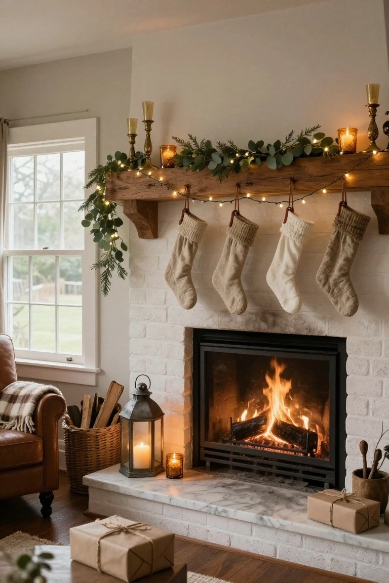 White brick fireplace mantel with wooden beam holding eucalyptus and fir garland strung with fairy lights, four neutral knit stockings hanging from leather ties, candles on the mantel, lantern and firewood on the hearth, armchair and wrapped gifts nearby.