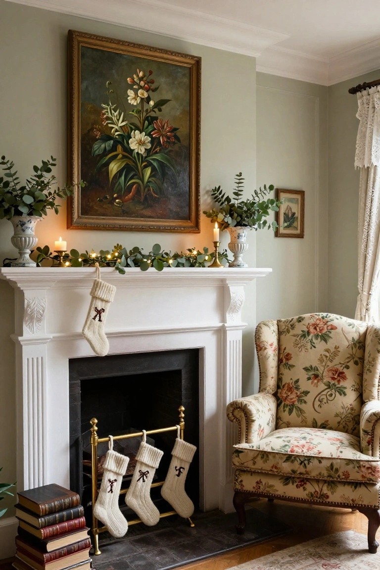 Sage green room interior with white fireplace mantel decorated for Christmas using eucalyptus garland with fairy lights, flanked by white vases and candles, white knit stockings hanging from brass fireguard, and floral armchair nearby.