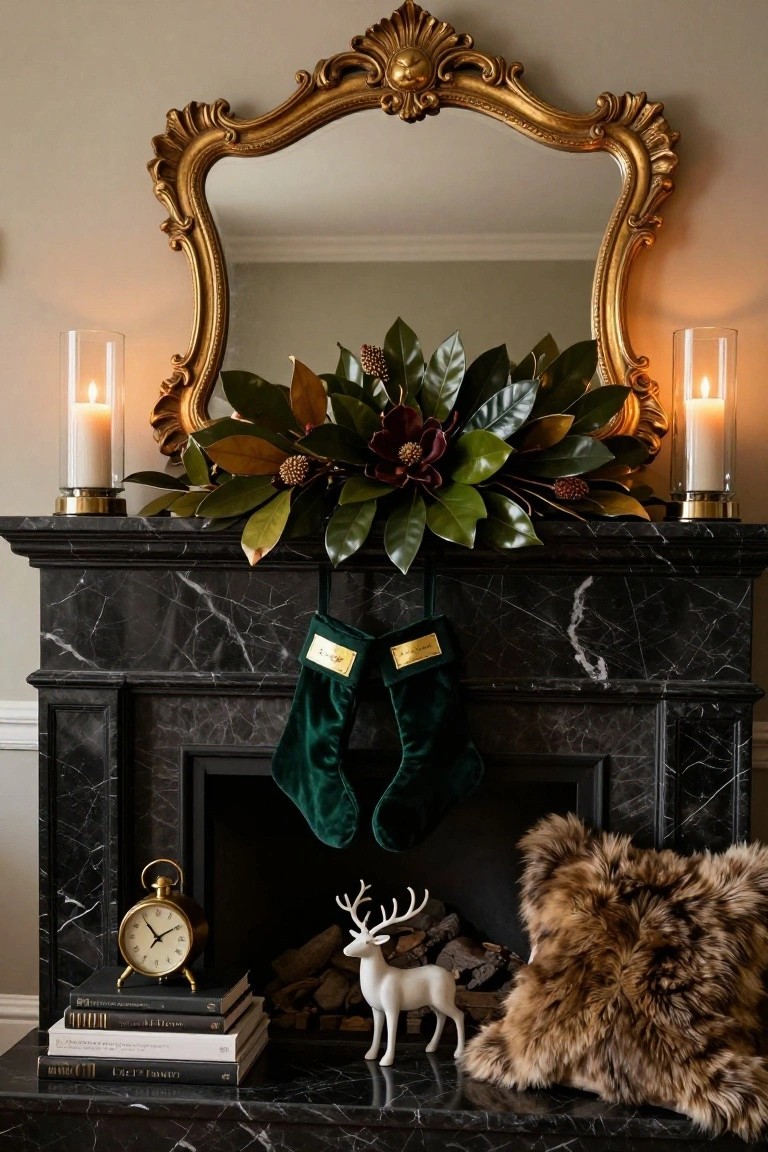 Gold ornate mirror above black marble fireplace mantel with lush green magnolia leaf garland featuring pinecones and berries, flanked by tall white pillar candles, two green velvet Christmas stockings with gold labels, brass clock, stacked books, white deer figurine, and fur throw.