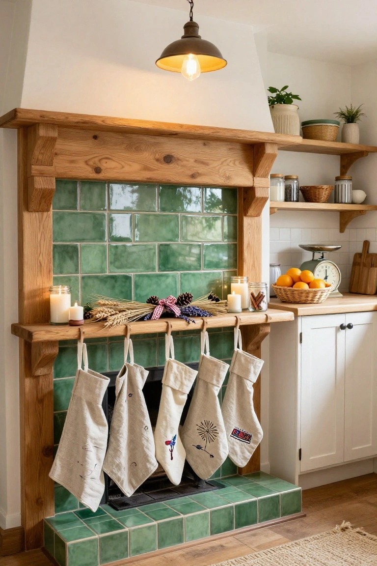 Wooden fireplace mantel with green tiled surround in a kitchen, displaying wheat sheaves, candles, pinecones, oranges in a basket, and hanging fabric Christmas stockings.