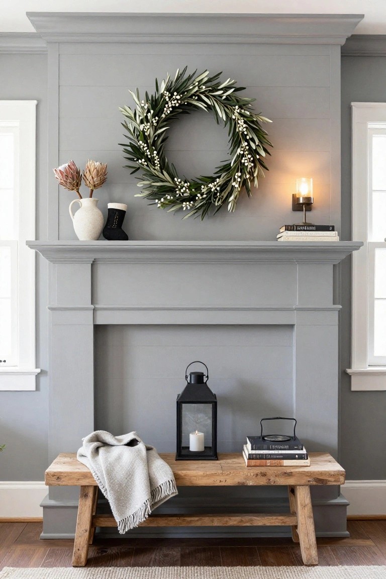 Gray shiplap fireplace mantel with centered olive leaf wreath featuring white berries, flanked by white vase with protea flowers and black stocking on left, stacked books on right, black lantern in hearth, and wooden bench with gray throw blanket in front on hardwood floor.