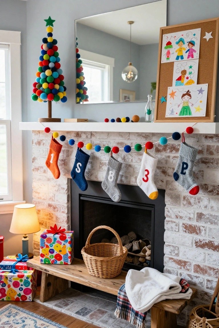 Brick fireplace mantel decorated for Christmas with multicolored pom-pom garland draped across and five knit stockings in orange, navy, light gray, white, and dark gray labeled 1, S, B, 3, P hanging from it, plus gifts and basket on wooden bench below.