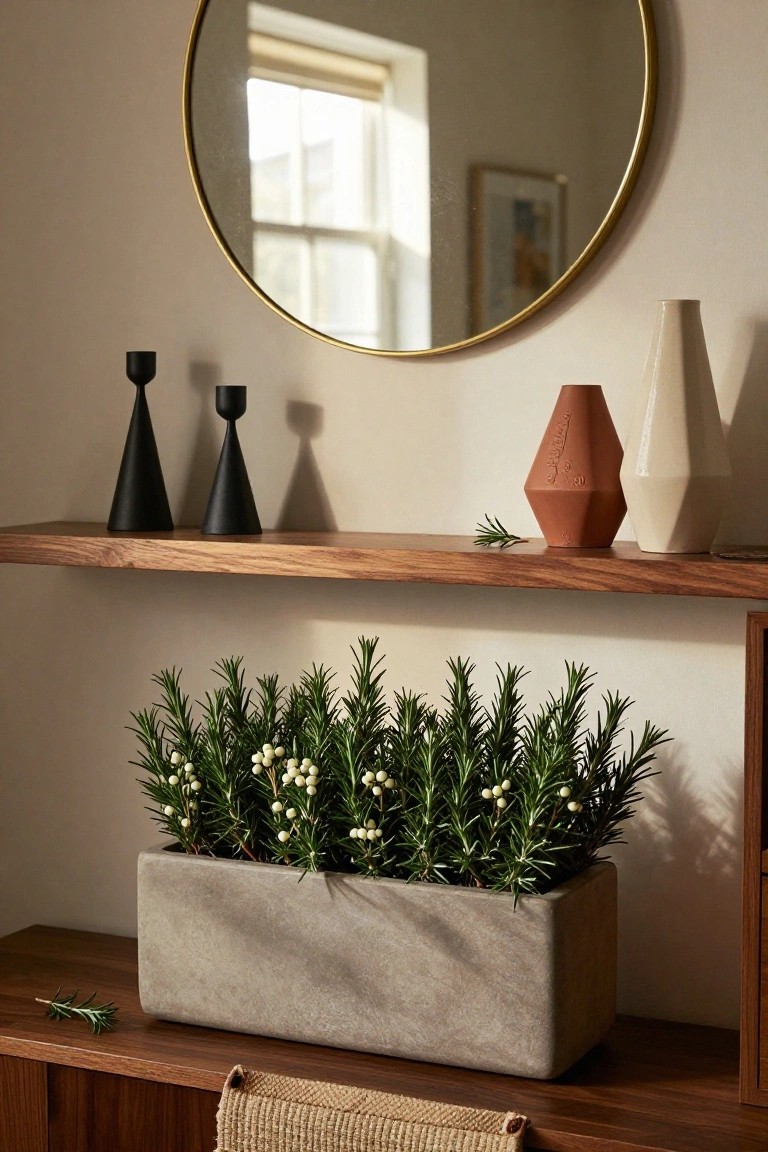 Wooden shelf above a mantle displaying black conical candlesticks, terracotta and white geometric vases with rosemary sprig, and below a gray rectangular planter filled with dense green rosemary branches and clusters of white berries next to a rattan chair.