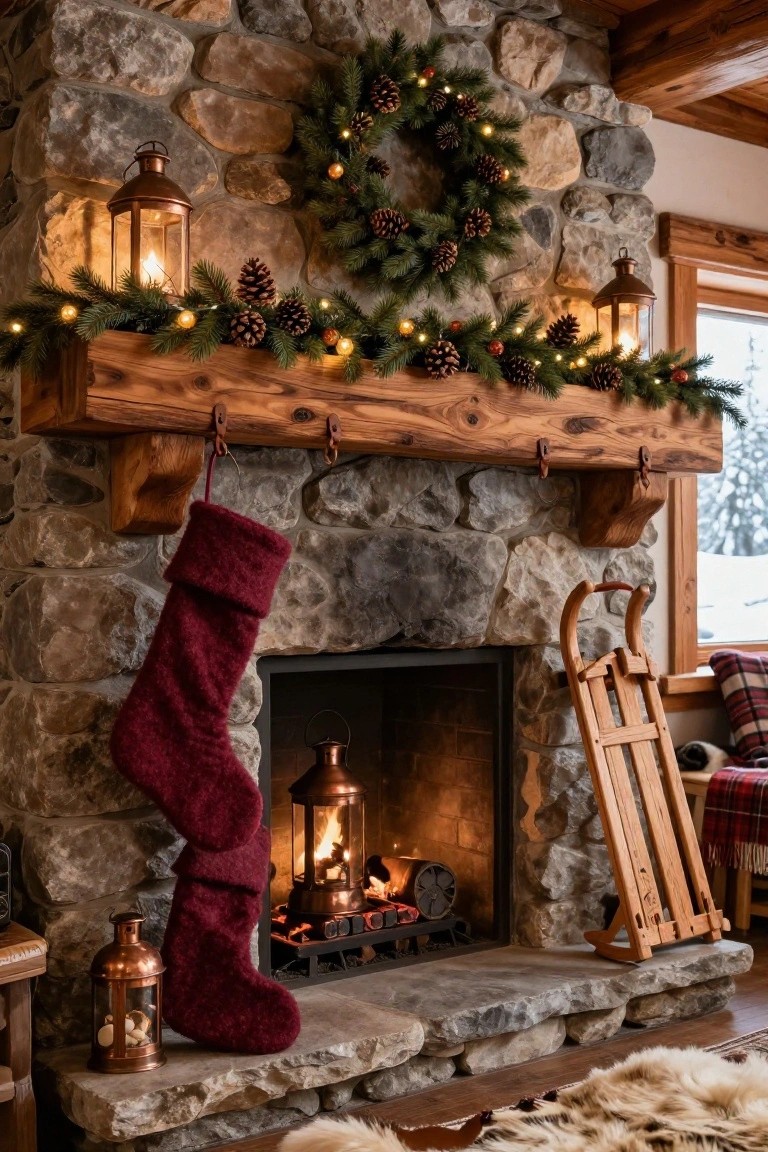 Rustic stone fireplace with wooden mantel topped by evergreen garland, pinecones, and fairy lights, plus hanging red knit stocking, copper lanterns, and wooden sled nearby.