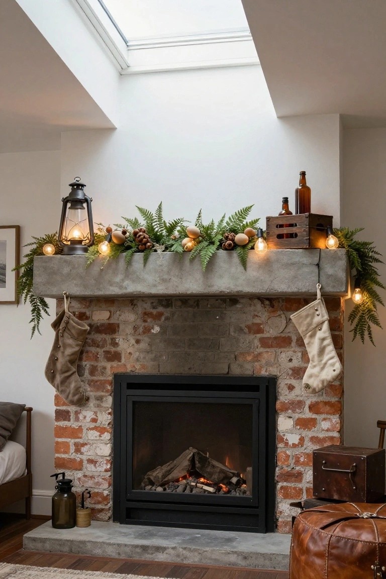 Brick fireplace with gray concrete mantle decorated in ferns, pinecones, quail eggs, string lights, lanterns, bottles, crate, and two hanging stockings in a room with bed, ottoman, and wood floor.