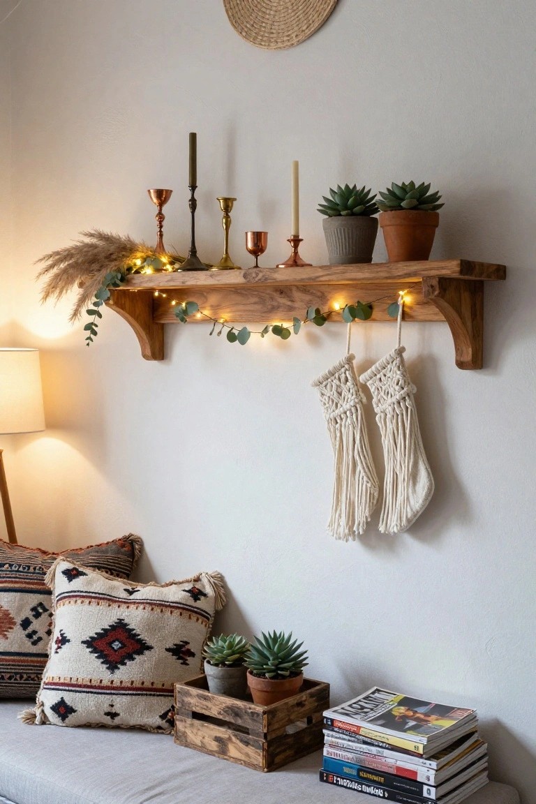 Wooden wall shelf with brass candlesticks, potted succulents, pampas grass, eucalyptus garland, fairy lights, and two hanging white macrame Christmas stockings, beside a gray couch with patterned pillows, small plants, and stacked magazines on a crate.
