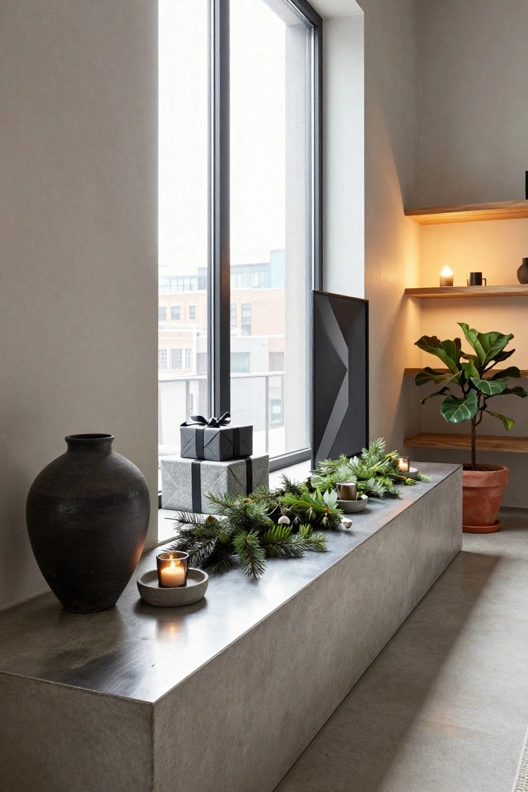 Modern indoor window ledge made of concrete decorated with evergreen garland, white candles in stone holders, wrapped gifts, and a black vase nearby, with a large window overlooking buildings and shelves with plants in the background.