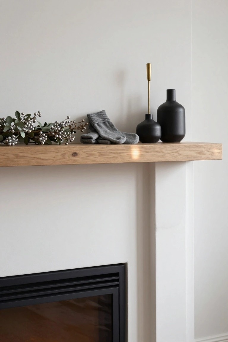 Oak mantel shelf above a fireplace holding eucalyptus branches with silver berries, folded gray wool socks, two black ceramic vases, and a tall gold candlestick.