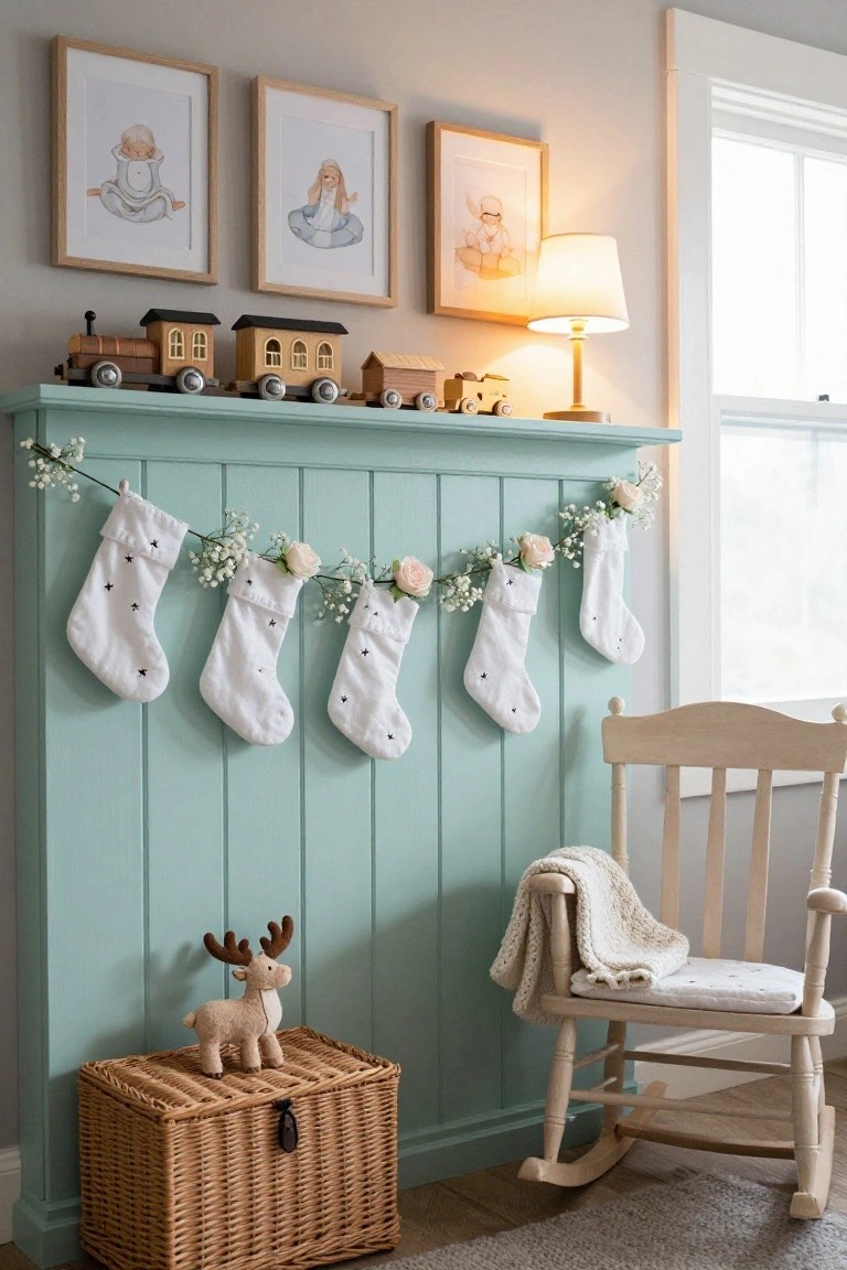 Turquoise painted fireplace mantel topped with wooden toy trains, flanked by a lamp, with white star-embroidered stockings hanging from a garland of baby's breath and fabric roses, nursery artwork above, rocking chair and toy reindeer nearby.