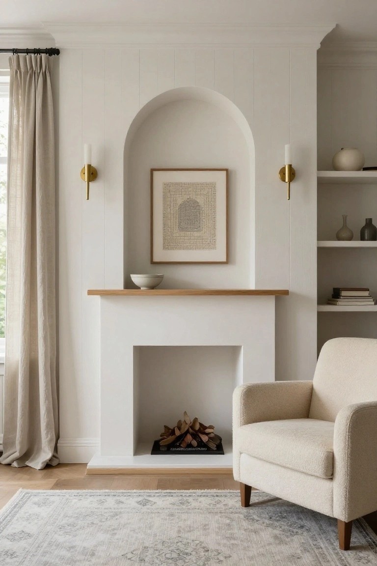 White arched fireplace surround with oak mantle holding a white bowl, abstract artwork framed in the niche, flanked by wall sconces and shelves with ceramics and books, cream armchair on beige rug in neutral room.