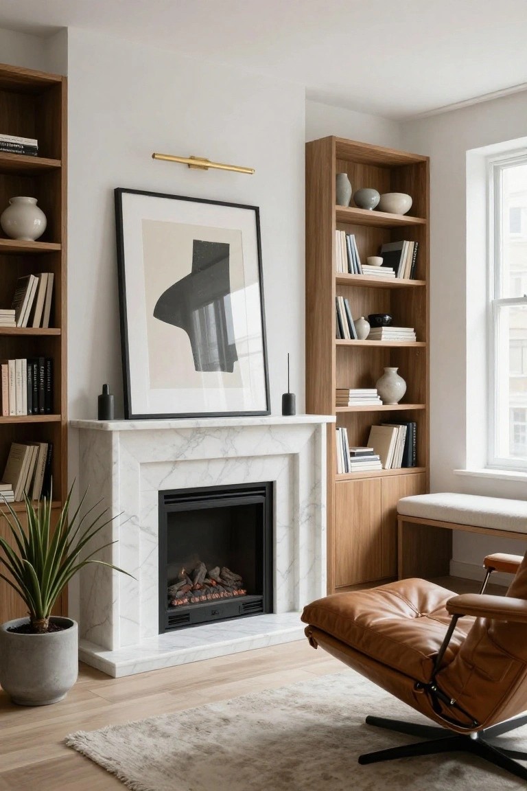 Marble fireplace with gas logs burning, flanked by wooden bookshelves filled with books, ceramics, and plants, large abstract black and white artwork above the mantel holding two black candles, snake plant in gray pot nearby, tan leather armchair, and window in a light-walled room.