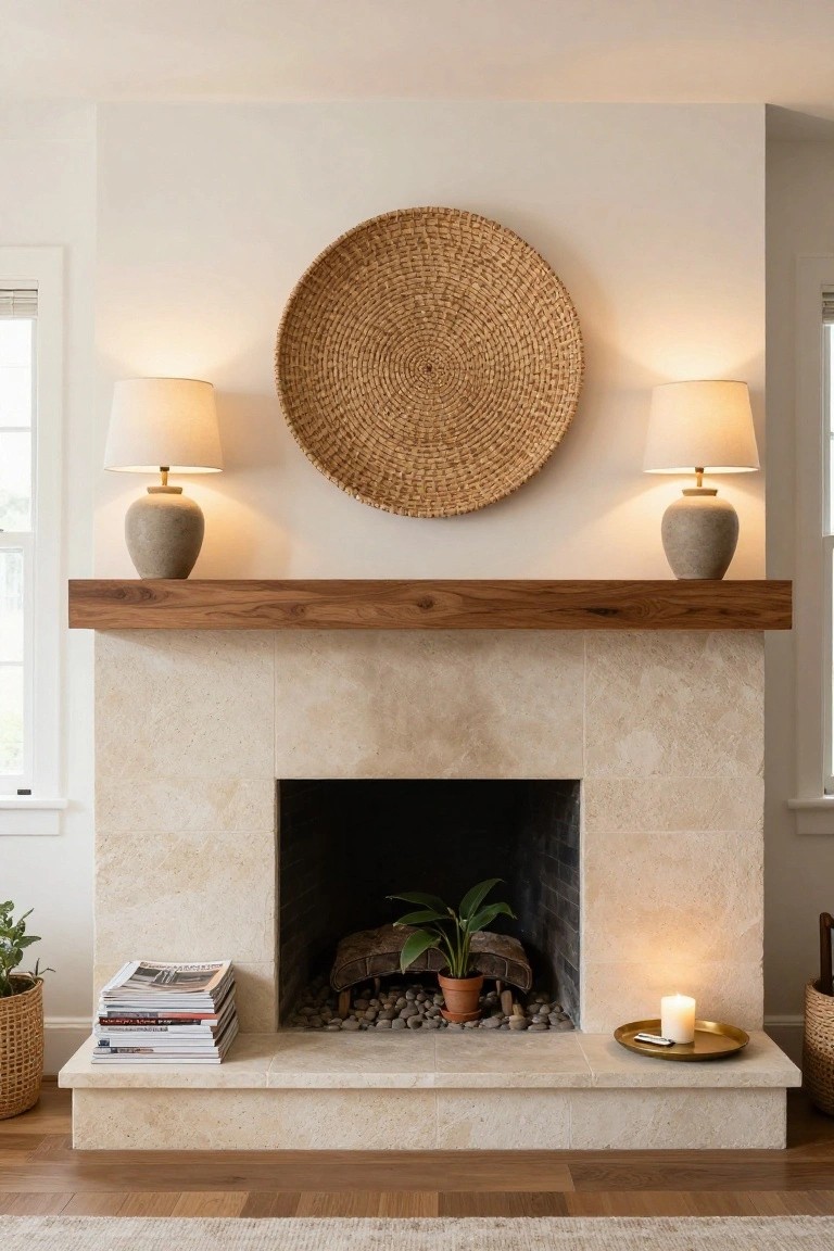 A minimalist indoor fireplace with light beige stone surround and dark wood mantel holding stacked magazines, potted plant, candle on brass plate, and pebbles in the hearth, with woven wall basket above flanked by ceramic lamps on white walls.