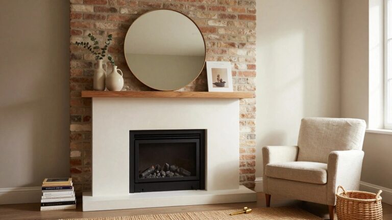 White brick fireplace with oak wood mantel shelf holding round black mirror, eucalyptus branches, and two beige pottery vases, beside beige armchair, woven basket, stacked books on hearth, and wood coffee table on gray tile floor in light room.