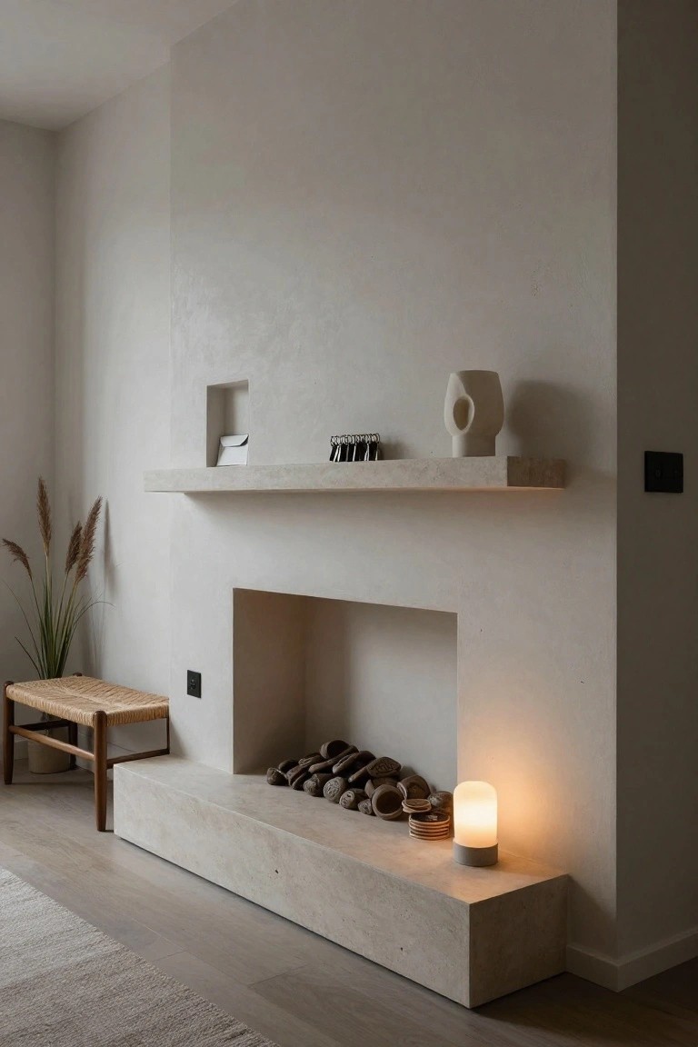 A minimalist living room corner with a recessed fireplace in a low wide travertine hearth, logs stacked inside, a cylindrical lamp on the hearth, floating shelf above with white vase and clips, pampas grass plant, wooden stool, and beige rug on light wood floors.