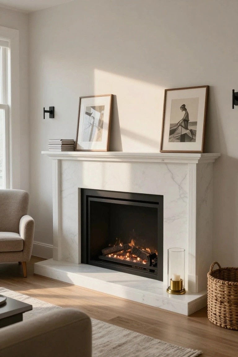 White marble fireplace with black insert in a light room, mantel styled with two leaning framed artworks one abstract tree and one figure by a boat stacked books glass candle holder gold base and woven basket on floor nearby beige armchairs wood floor neutral rug and window light