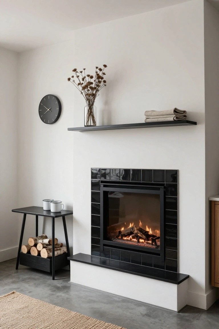 Modern interior corner showing a black-tiled gas fireplace with flames, black floating shelf above holding dried flowers in a vase and folded linen towels, wall clock, black side table with birch logs and two enamel mugs, on polished concrete floor with seagrass rug.