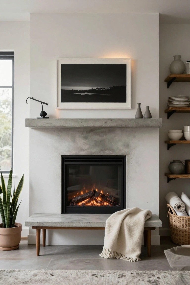 Concrete fireplace mantle in a modern living room with a black arched lamp, two small gray vases, and a large black-and-white landscape photograph above, flanked by floating wood shelves holding ceramics, bowls, and pots on the right side.