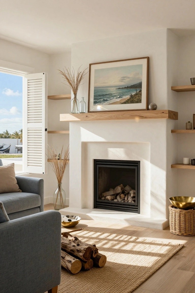 White plaster fireplace with oak wood floating shelves displaying pampas grass, vases, and ceramics, a framed seascape painting above, firewood stacked on the floor, and a gray sofa in a light wood floor room with open shutters.